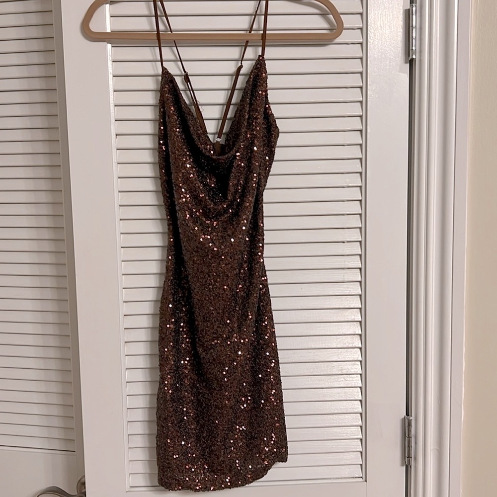 Forever 21 Brown Sequin Cowl Neck Dress